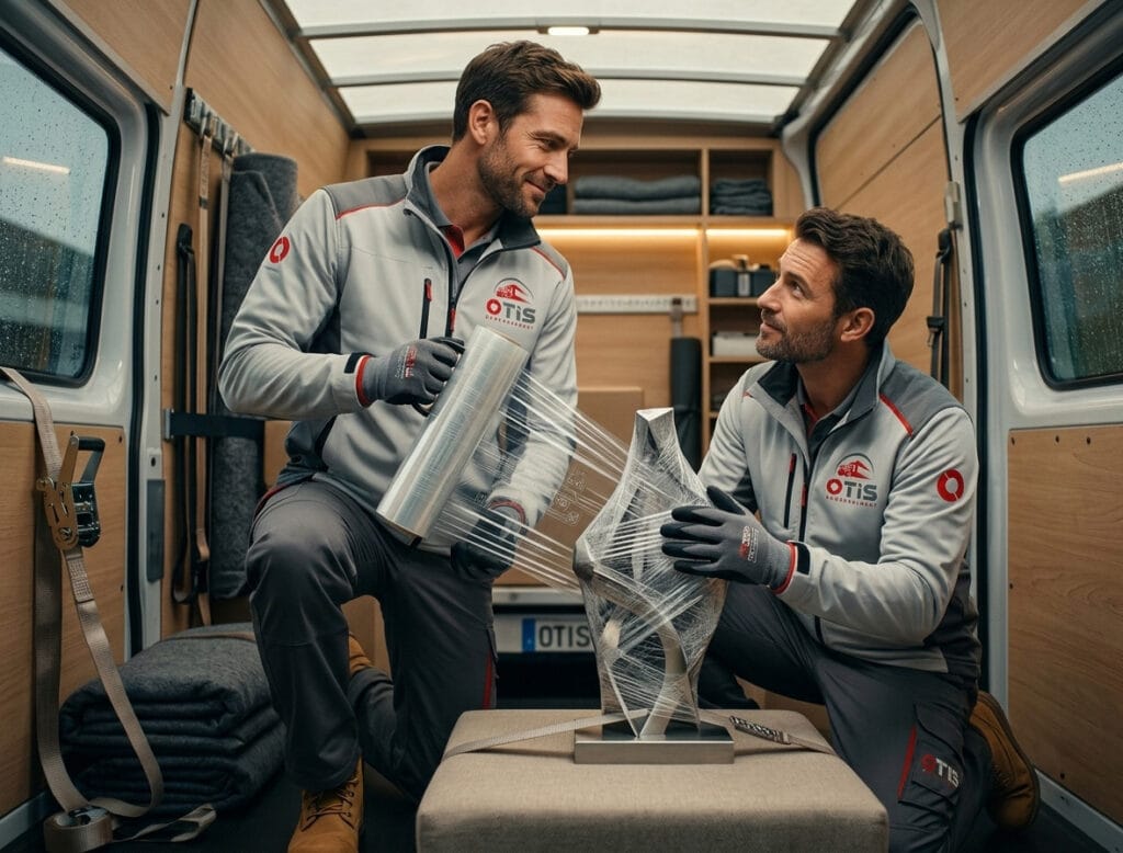 Déménageurs professionnels Otis Déménagement sécurisant des objets de valeur en 2026